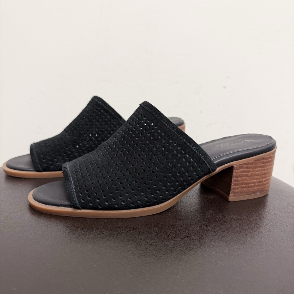 Koolaburra By Ugg Black Suede Raychel Perforated Block Heel Open Toe Mules 8.5